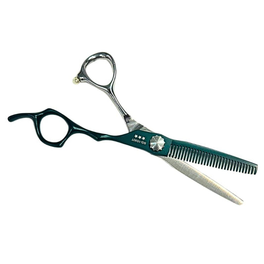 "KASHI BARBER THINNING SHEAR - SILVER/GREEN 6"" 30TEETH #SG-1530T"